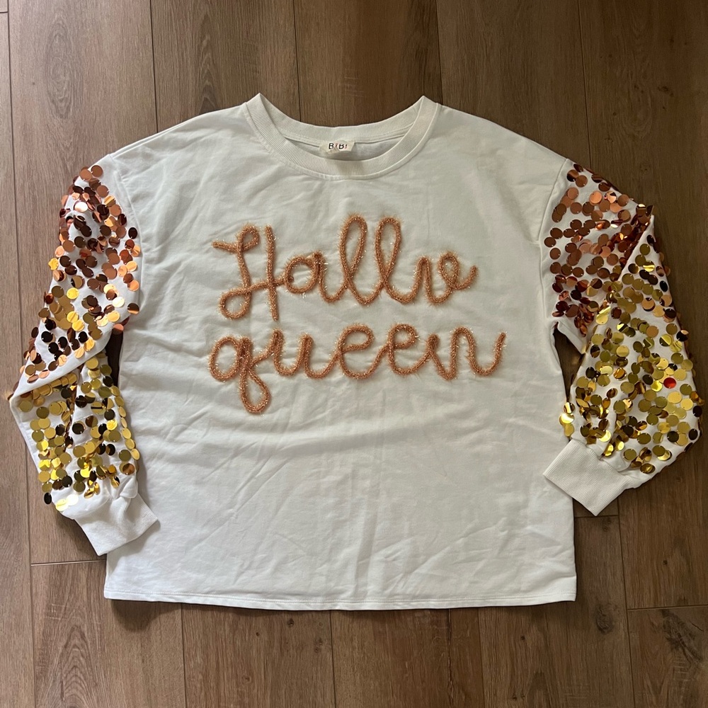 BiBi Metalic Letter Spangle Sleeve White Oversized Top - HalloQueen